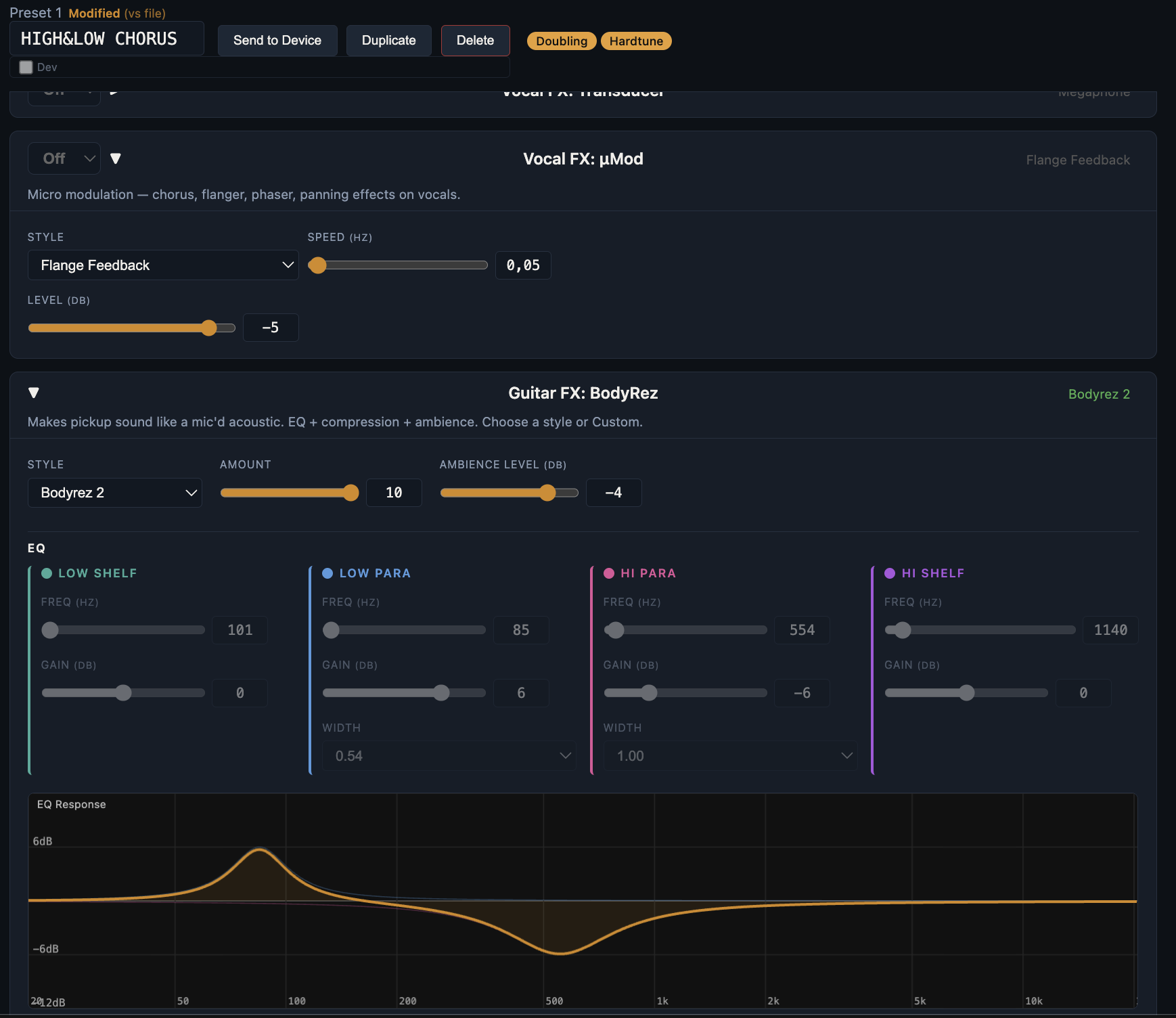 Preset Editor screen